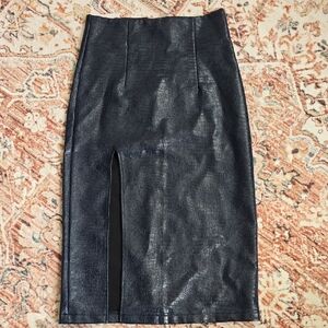 Topshop Women's Navy Croc Textured Faux Leather High Slit Pencil Skirt Size 6